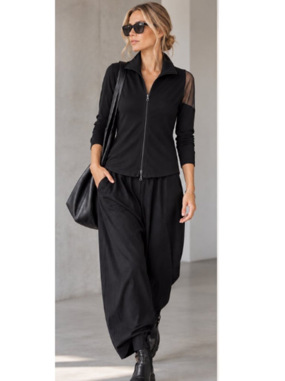 Sarah Pacini Jacket Full Zip Mesh Sheer Sleeve Avant-Garde Minimalist Black M